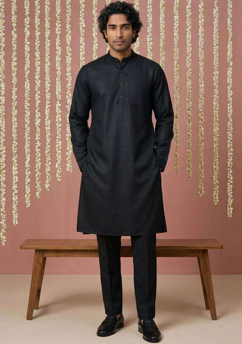 Black Solid Cotton Kurta Set For Men - Indya