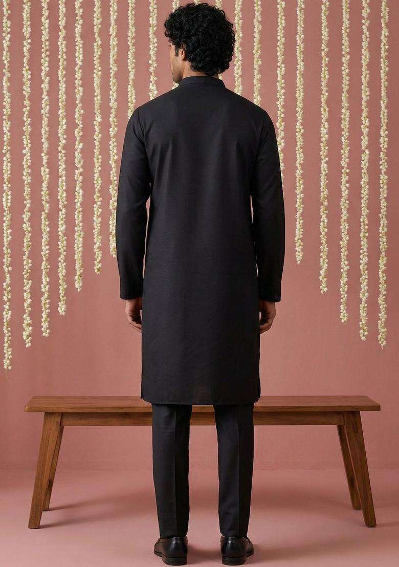 Black Solid Cotton Kurta Set For Men - Indya
