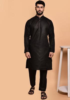 Black Solid Cotton Kurta Set For Men