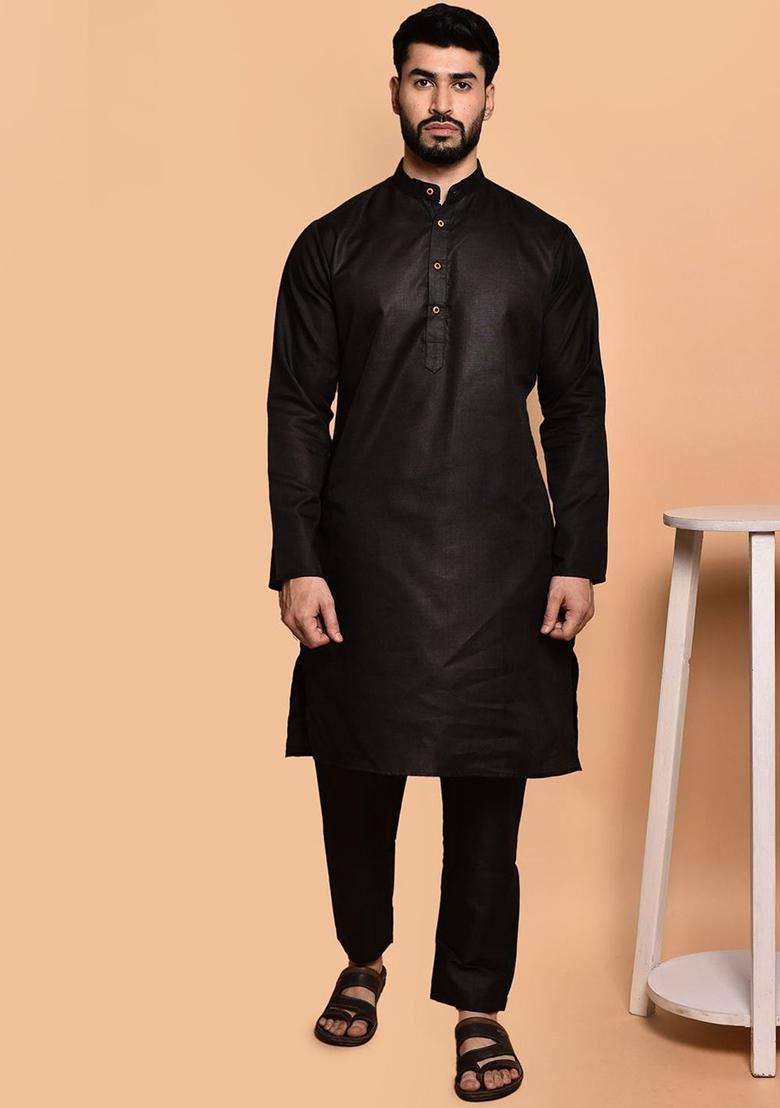 Black Solid Cotton Kurta Set For Men - Indya