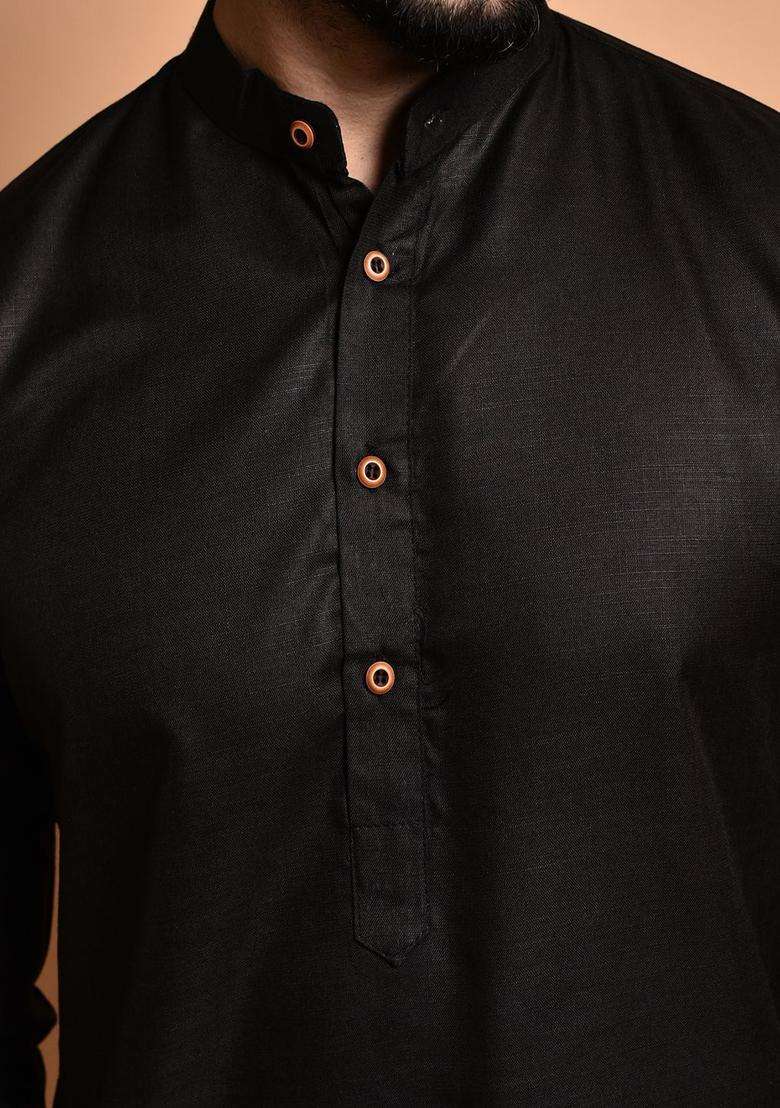 Black Solid Cotton Kurta Set For Men - Indya