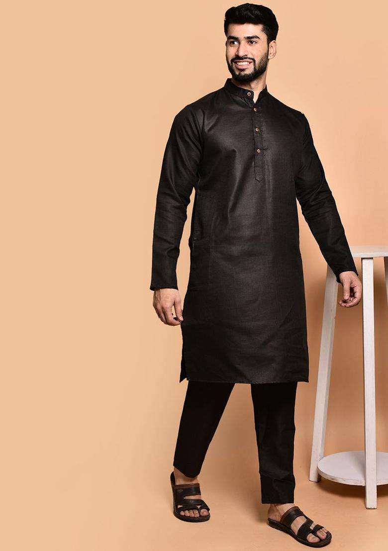 Black Solid Cotton Kurta Set For Men - Indya
