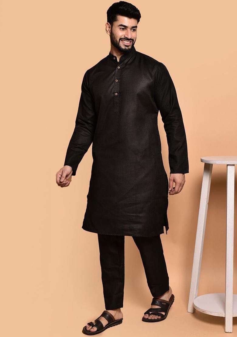 Black Solid Cotton Kurta Set For Men - Indya