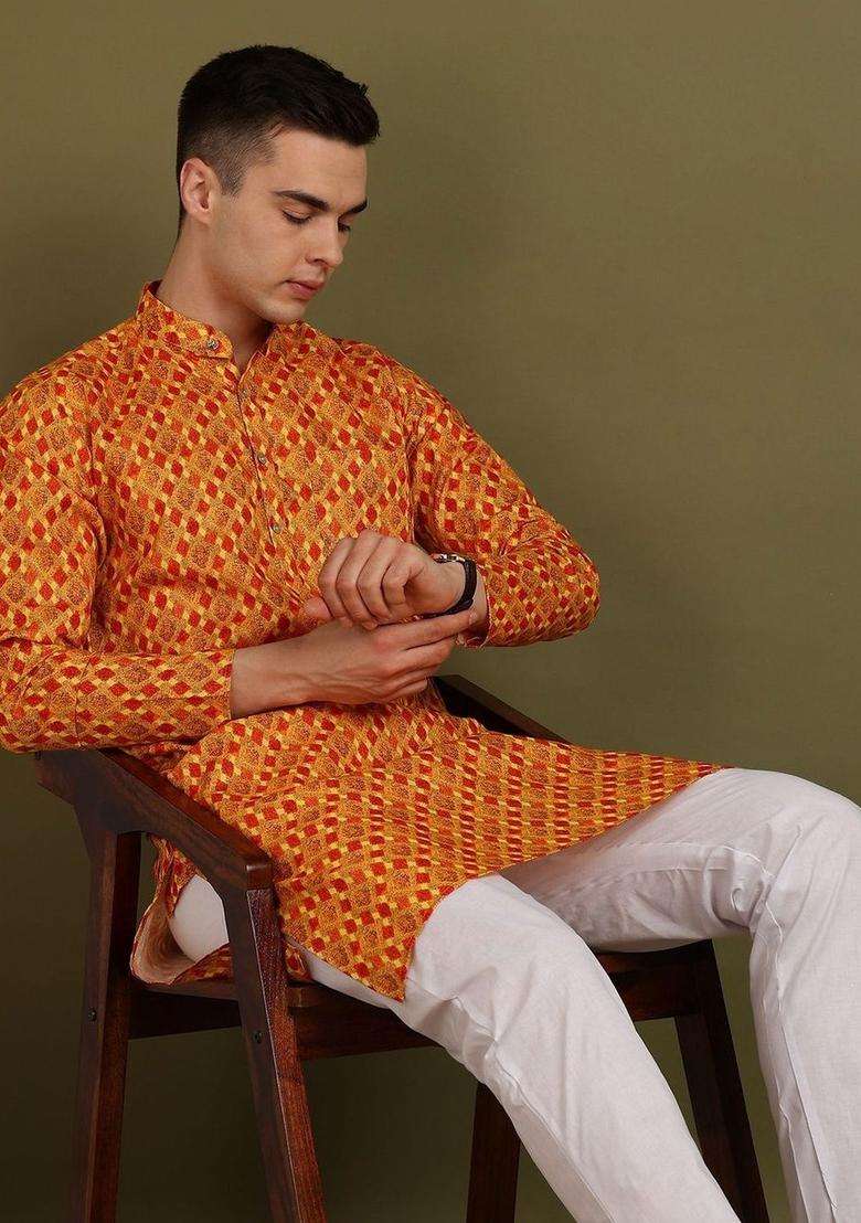 Orange Woven Design Cotton Kurta Set For Men - Indya