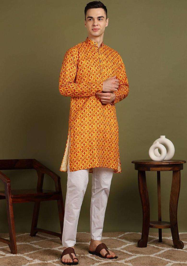 Orange Woven Design Cotton Kurta Set For Men - Indya
