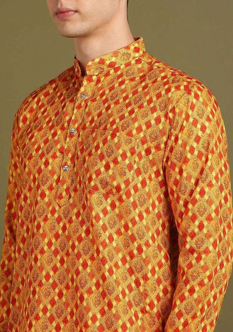 Orange Woven Design Cotton Kurta Set For Men - Indya