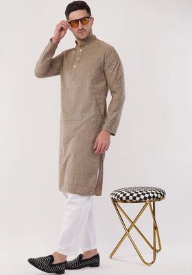 Brown Printed Cotton Kurta Set For Men