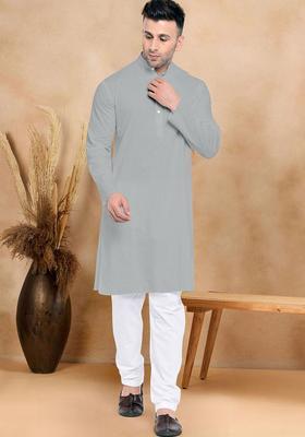 Grey Solid Cotton Kurta Set For Men