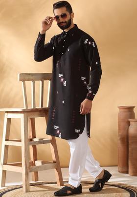 Black Embroidered Linen Kurta Set For Men