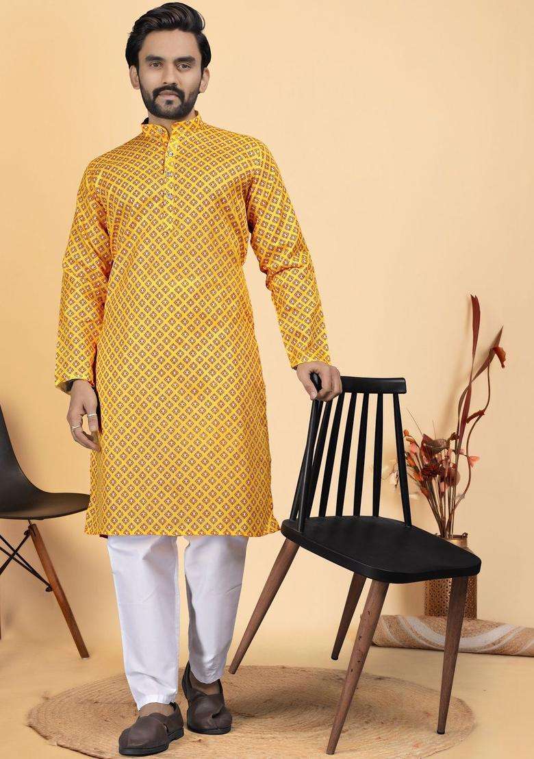 Yellow Printed Cotton Kurta Set For Men - Indya