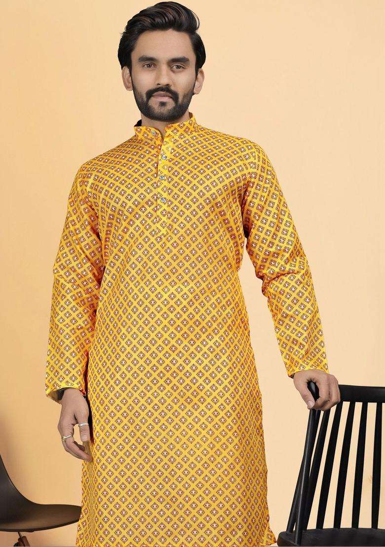 Yellow Printed Cotton Kurta Set For Men - Indya