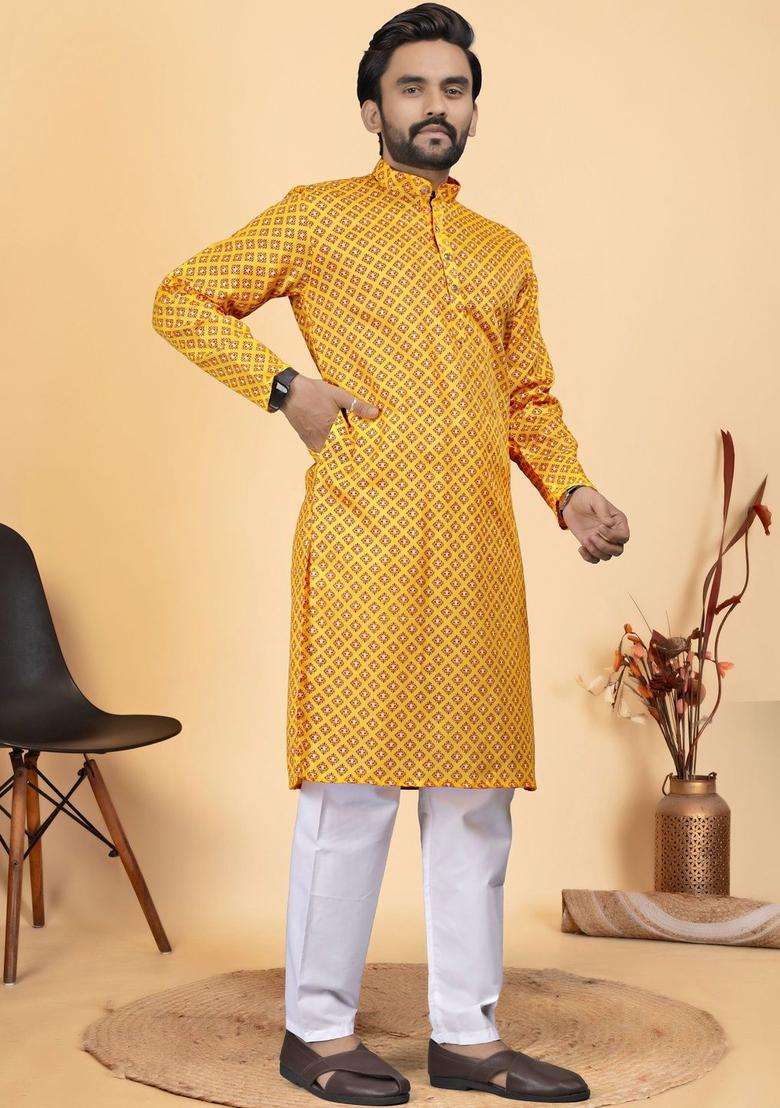 Yellow Printed Cotton Kurta Set For Men - Indya