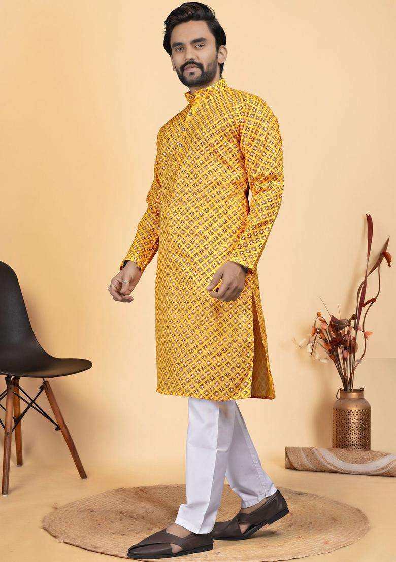 Yellow Printed Cotton Kurta Set For Men - Indya