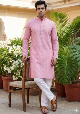 Pink Printed Cotton Kurta Set For Men