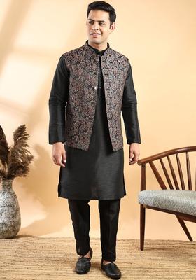 Black Solid Silk Kurta Set For Men