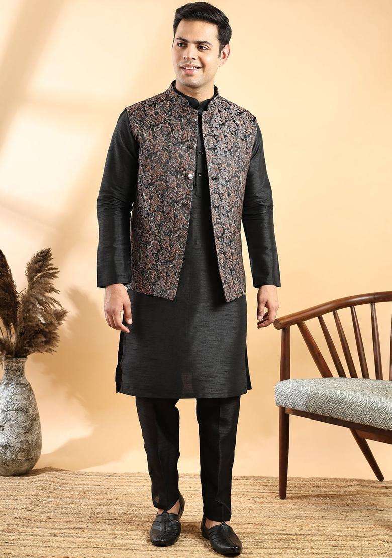 Black Solid Silk Blend Kurta Set For Men - Indya