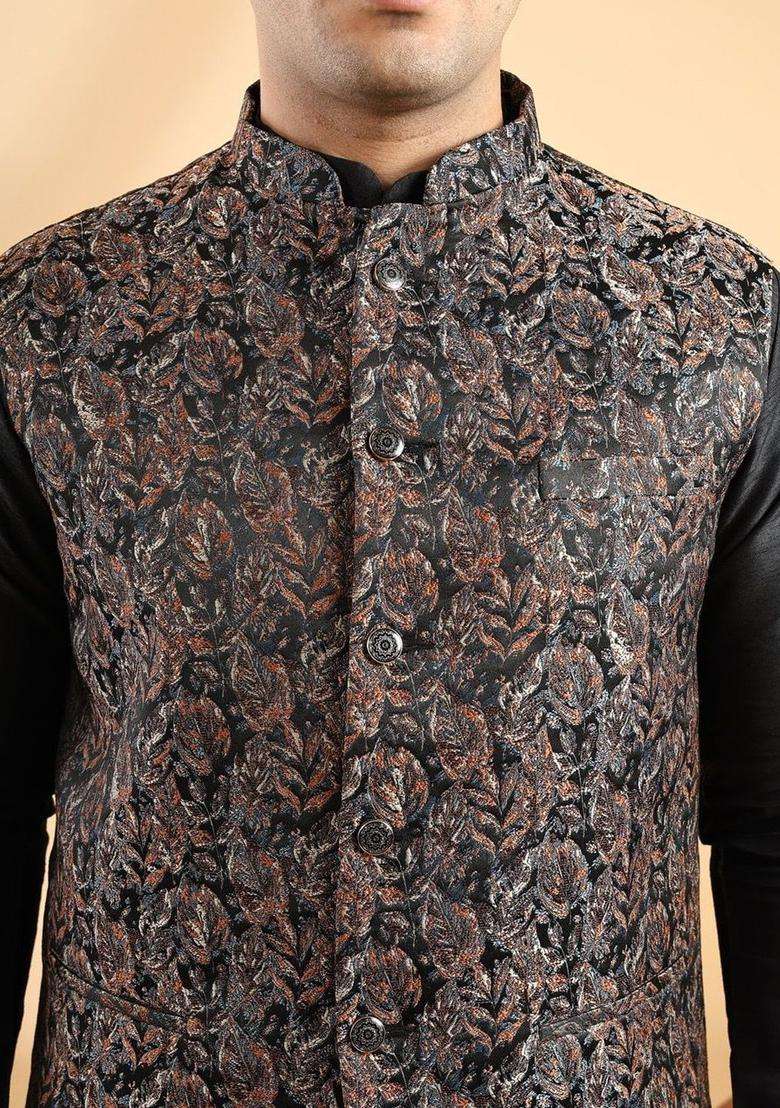 Black Solid Silk Blend Kurta Set For Men - Indya