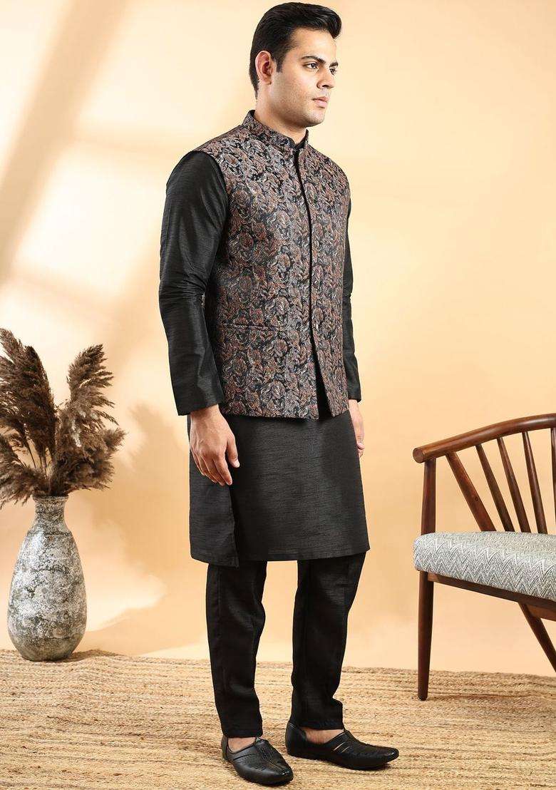 Black Solid Silk Blend Kurta Set For Men - Indya