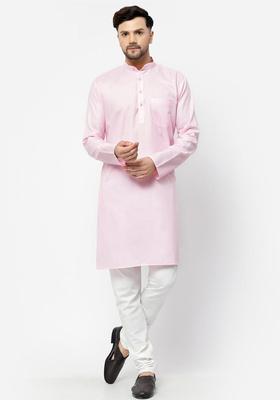 Pink Solid Cotton Kurta Set For Men