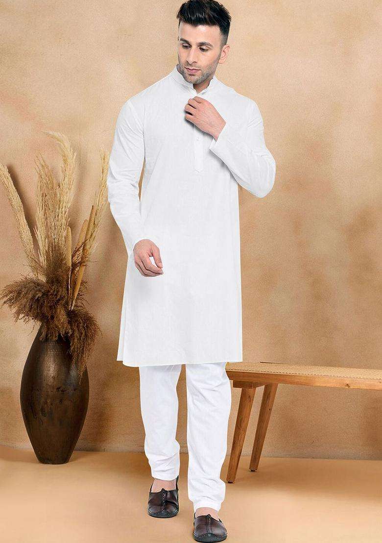 White Solid Cotton Kurta Set For Men - Indya