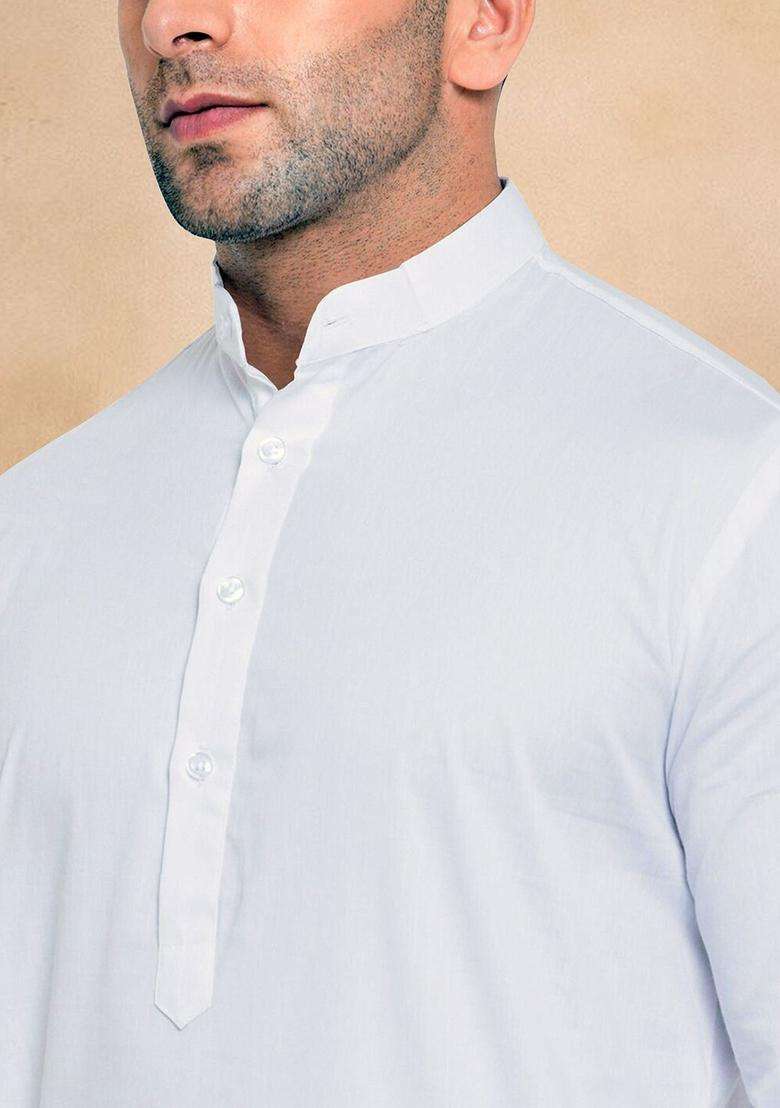 White Solid Cotton Kurta Set For Men - Indya