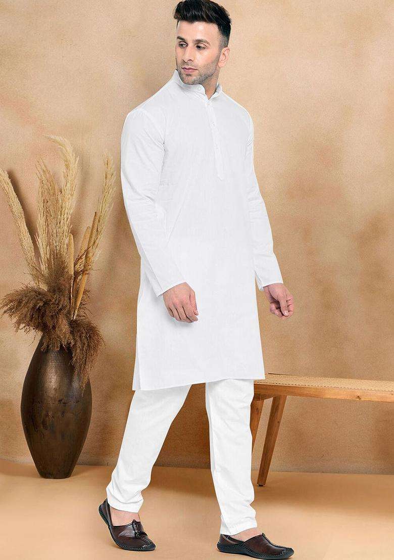 White Solid Cotton Kurta Set For Men - Indya