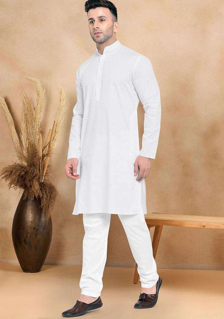 White Solid Cotton Kurta Set For Men - Indya