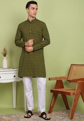 Olive Self Design Cotton Kurta Set For Men
