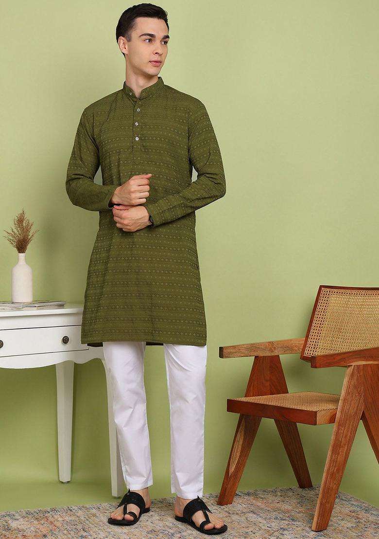 Olive Self Design Cotton Kurta Set For Men - Indya