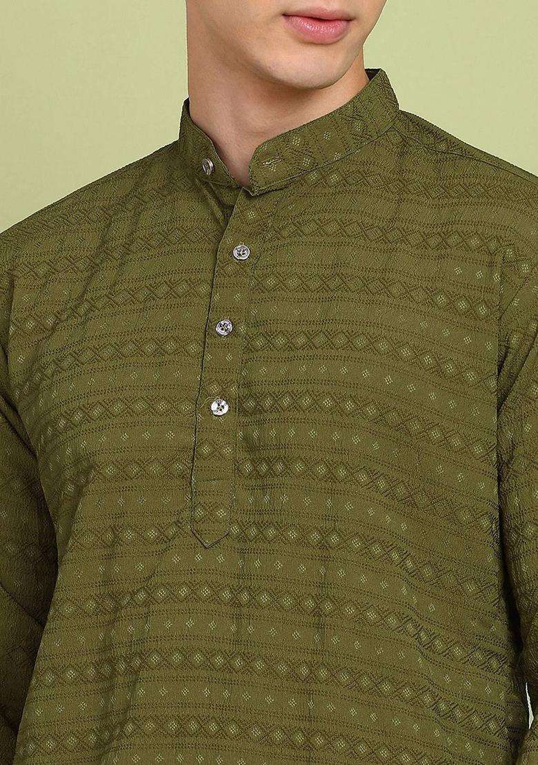 Olive Self Design Cotton Kurta Set For Men - Indya