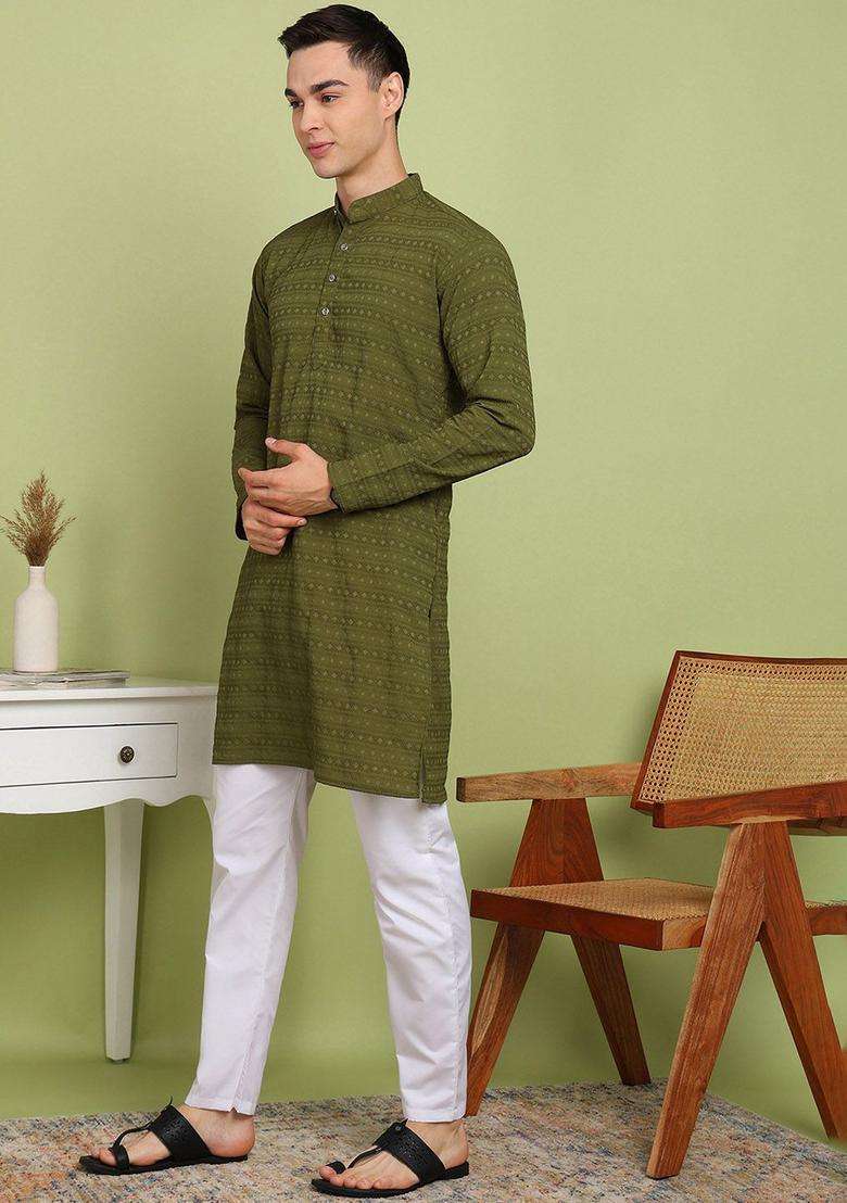 Olive Self Design Cotton Kurta Set For Men - Indya