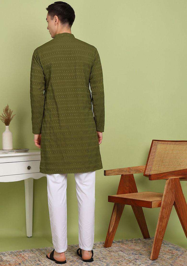 Olive Self Design Cotton Kurta Set For Men - Indya