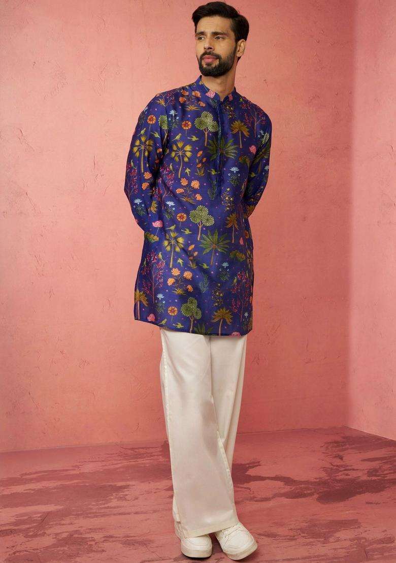 Blue Printed Silk Blend Kurta Set For Men - Indya