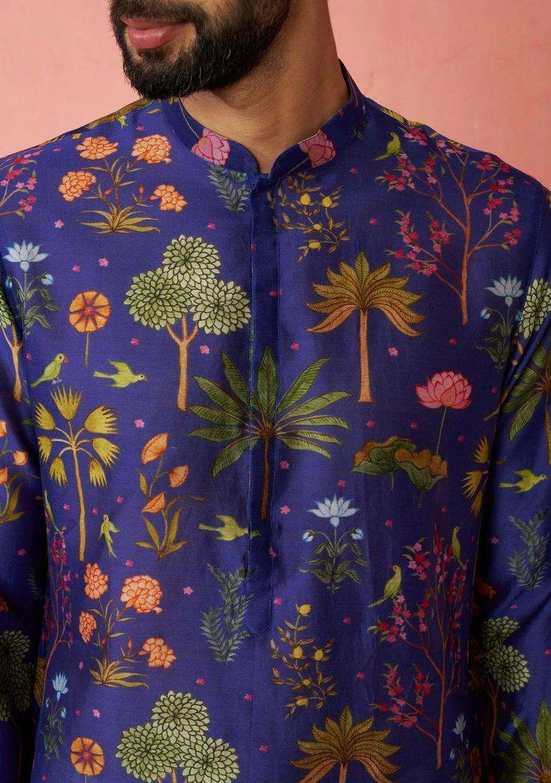 Blue Printed Silk Blend Kurta Set For Men - Indya