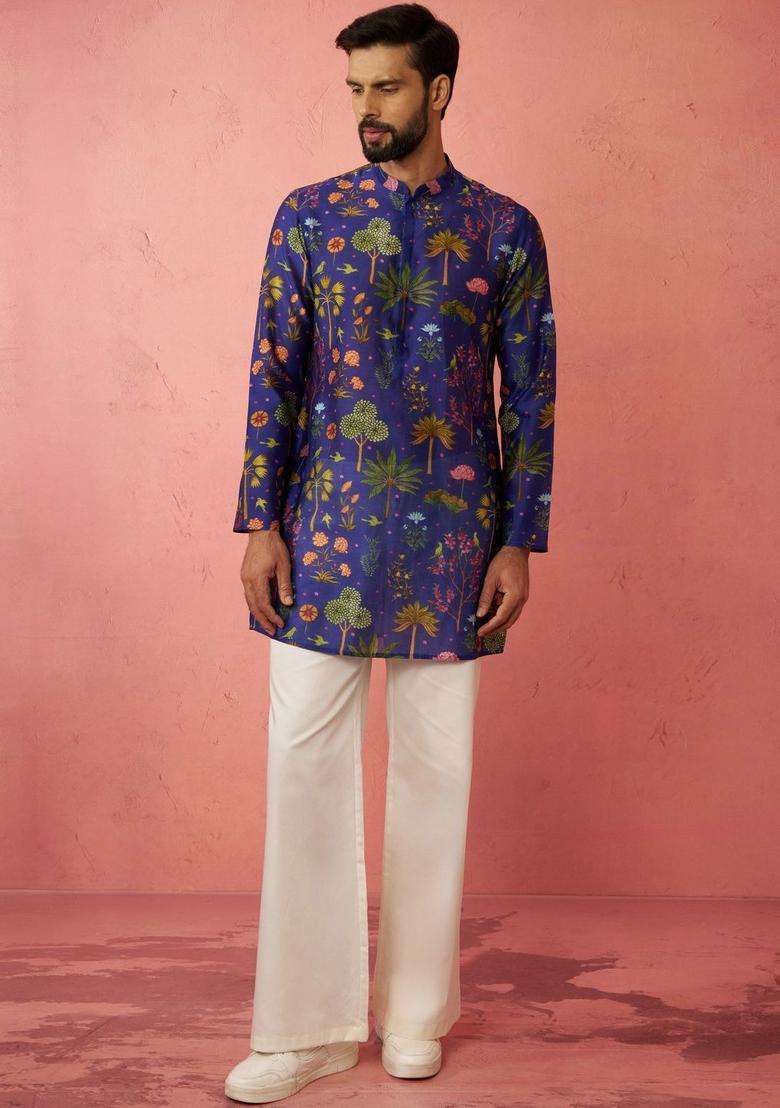Blue Printed Silk Blend Kurta Set For Men - Indya