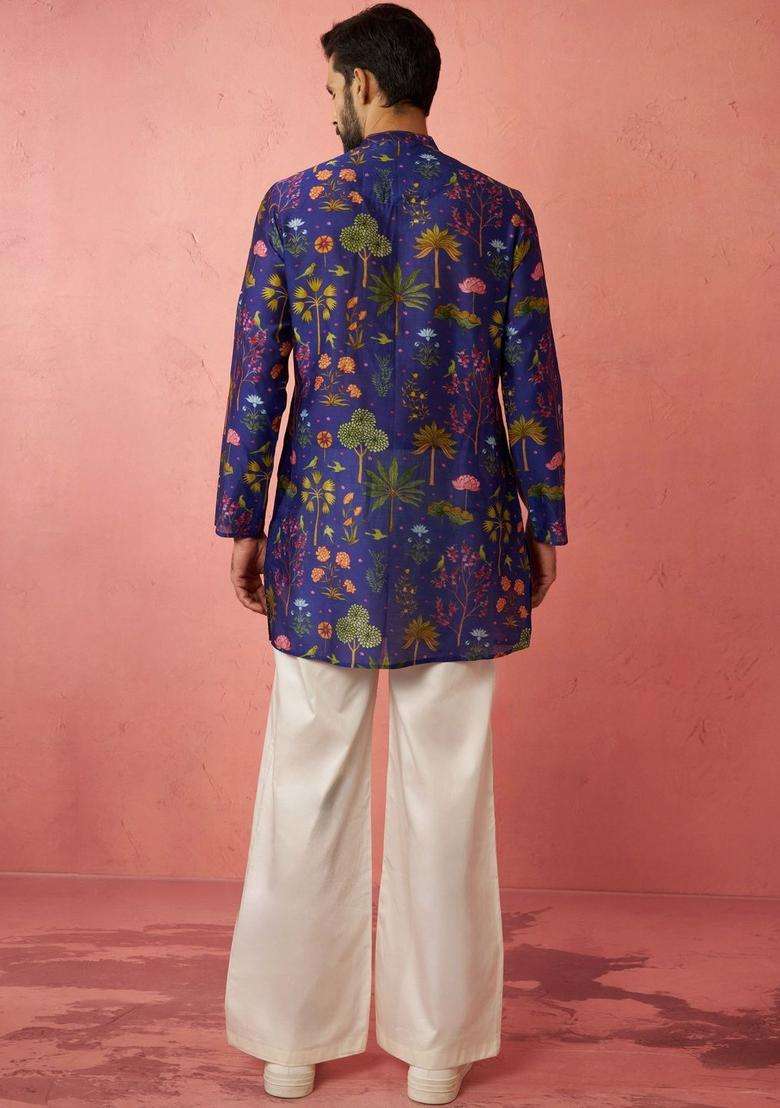 Blue Printed Silk Blend Kurta Set For Men - Indya