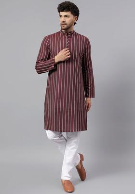 Maroon Striped Cotton Kurta Set For Men