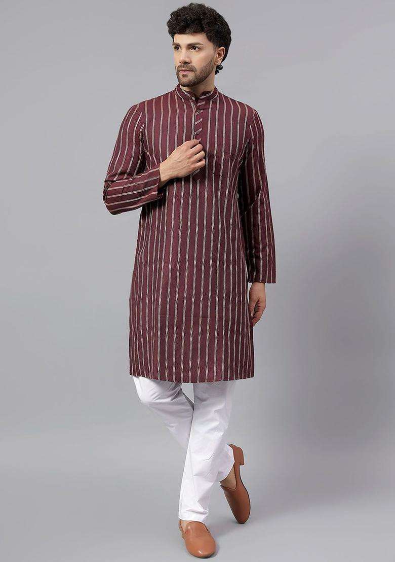 Maroon Striped Cotton Kurta Set For Men - Indya