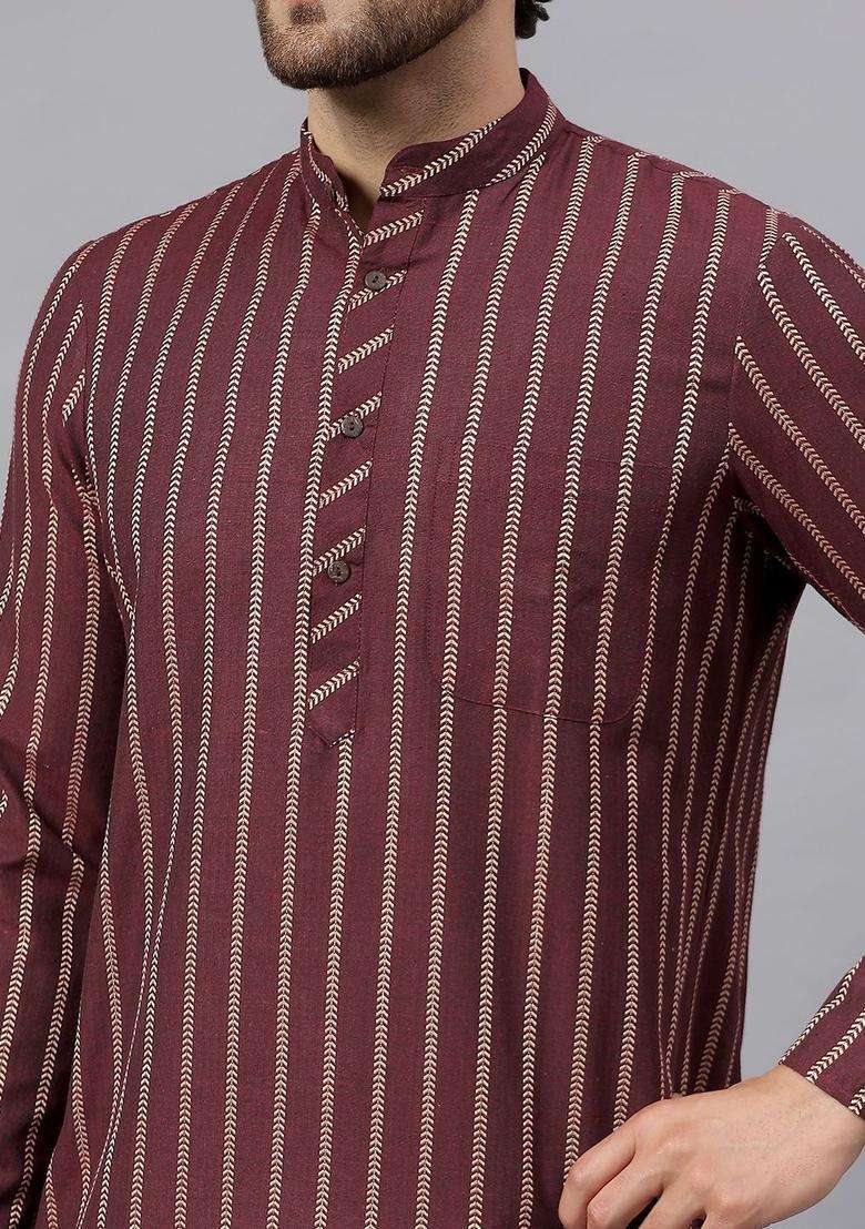 Maroon Striped Cotton Kurta Set For Men - Indya