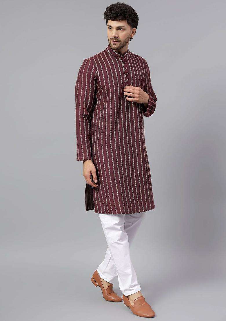 Maroon Striped Cotton Kurta Set For Men - Indya