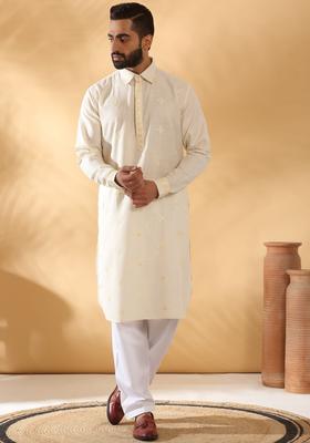 Cream Embroidered Cotton Kurta Set For Men