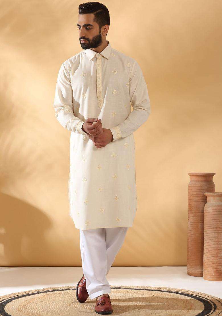 Cream Embroidered Cotton Kurta Set For Men - Indya