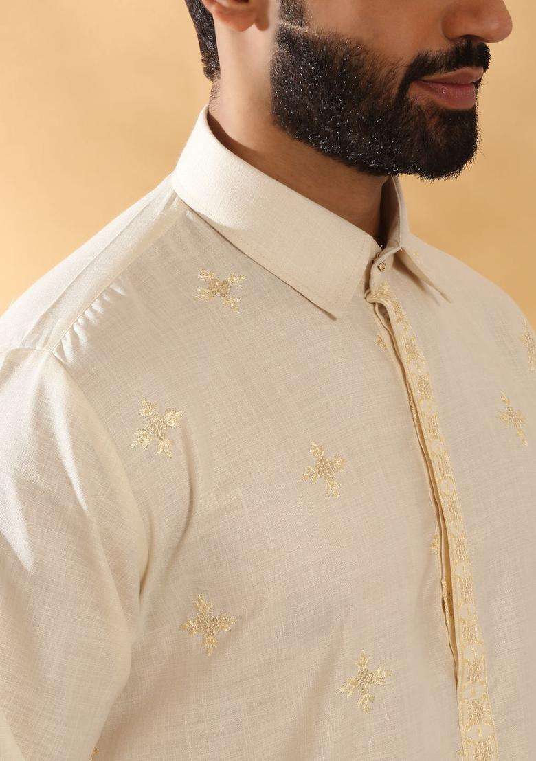 Cream Embroidered Cotton Kurta Set For Men - Indya