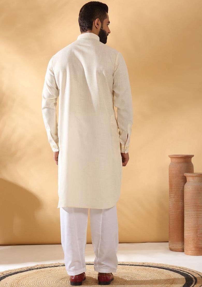 Cream Embroidered Cotton Kurta Set For Men - Indya