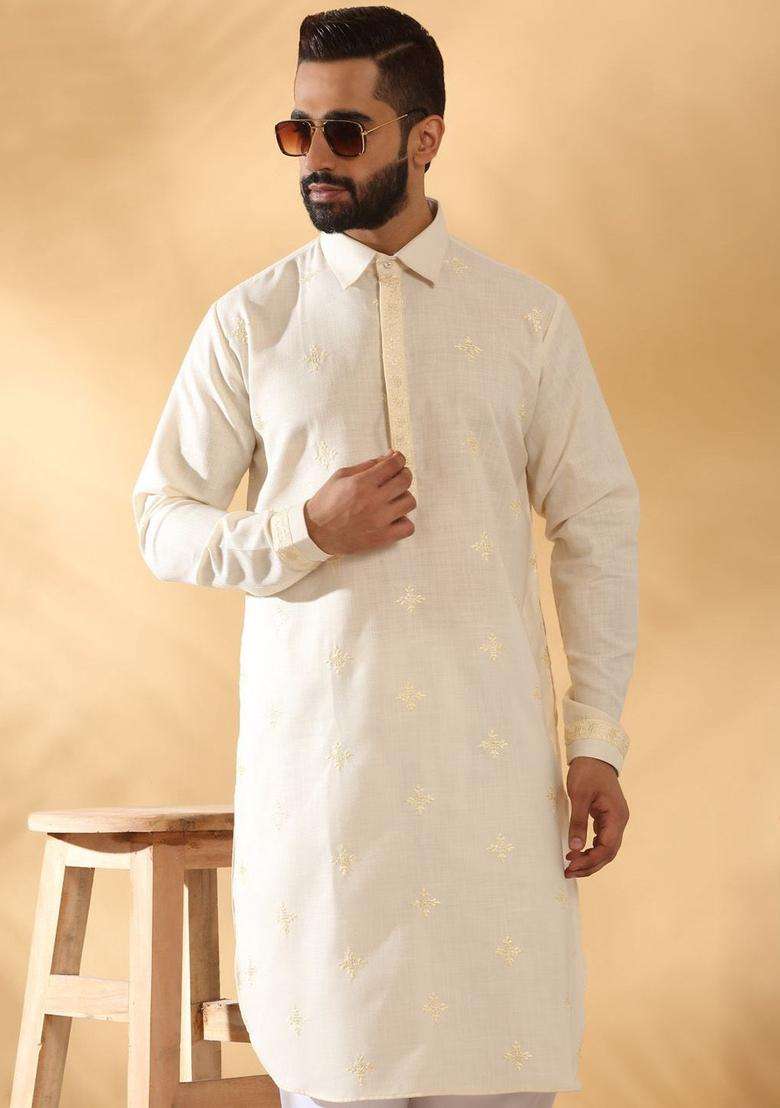 Cream Embroidered Cotton Kurta Set For Men - Indya