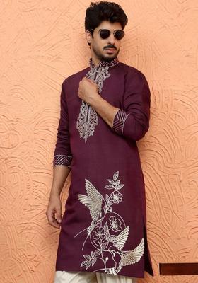 Purple Embroidered Silk Kurta Set For Men