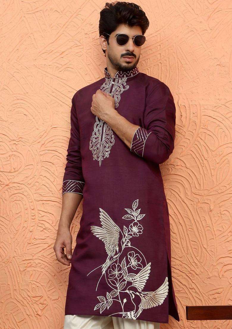 Purple Embroidered Silk Blend Kurta Set For Men - Indya