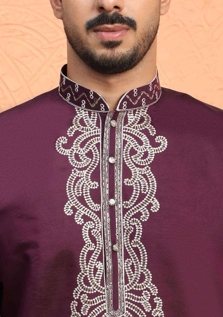 Purple Embroidered Silk Blend Kurta Set For Men - Indya