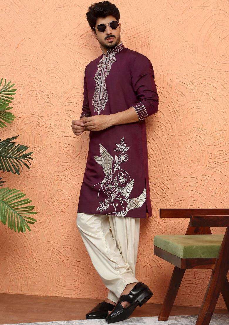 Purple Embroidered Silk Blend Kurta Set For Men - Indya