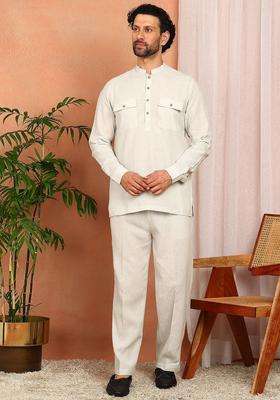 Off White Solid Linen Kurta Set For Men